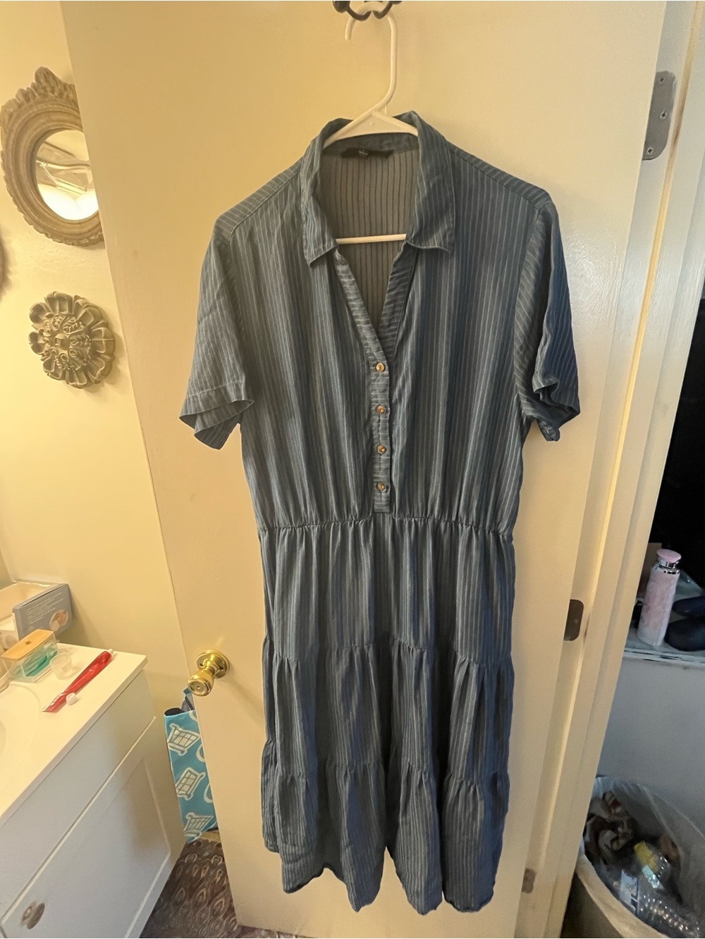 Jane & Delancey Blue Chambray Striped Tiered Midi Shirt Dress - Picture 2 of 5